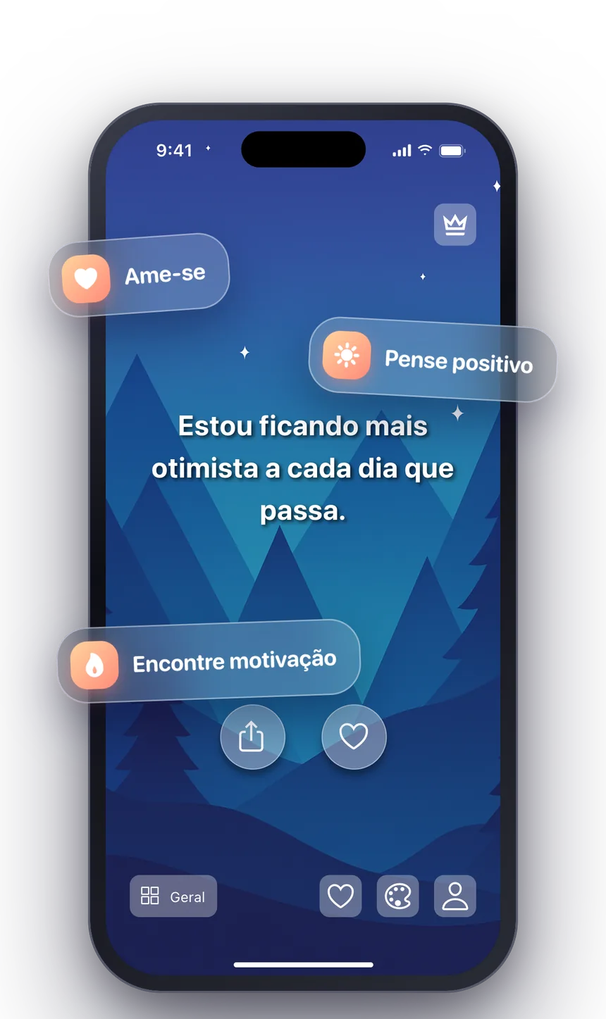 O app Shine mostrando uma afirmação diária com um tema de céu noturno