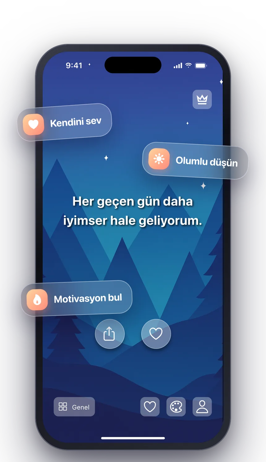Gece gökyüzü temasında günün olumlamasını gösteren Shine uygulaması