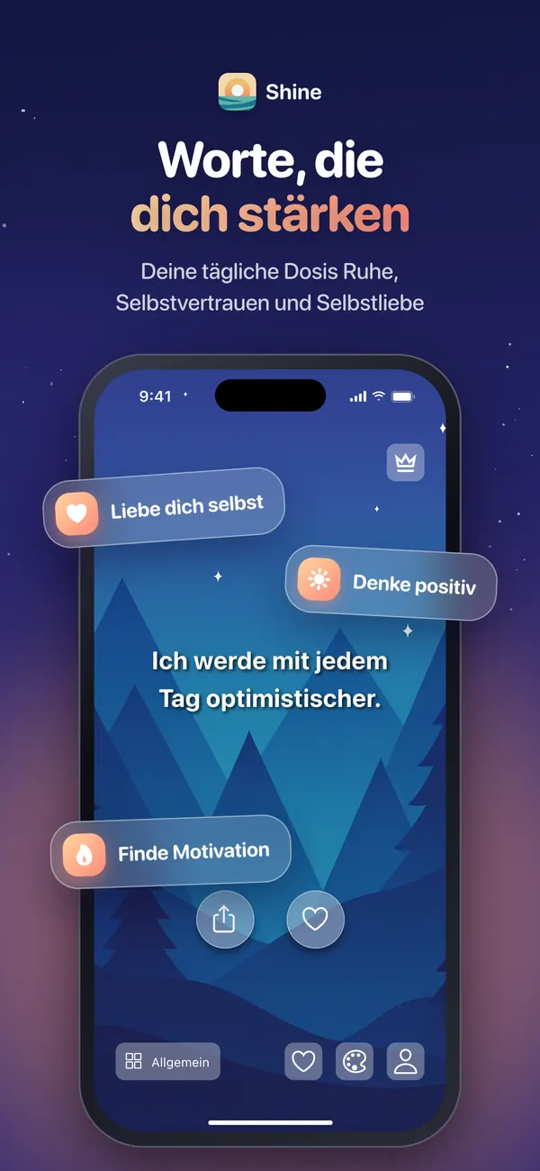 Shine zeigt eine tägliche Affirmation im Nachthimmel-Theme