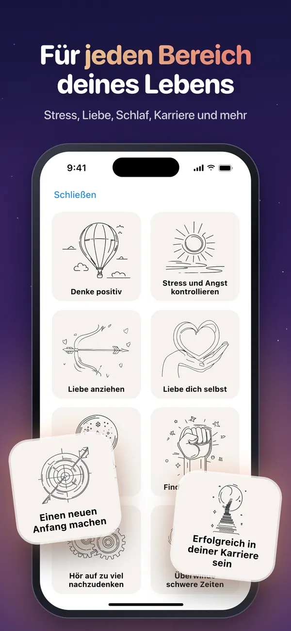Affirmations-Kategorien wie „Denke positiv“, „Liebe anziehen“ und „Liebe dich selbst“