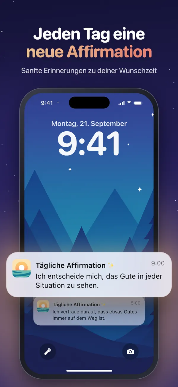 Eine Erinnerung mit der täglichen Affirmation auf dem Sperrbildschirm des iPhone