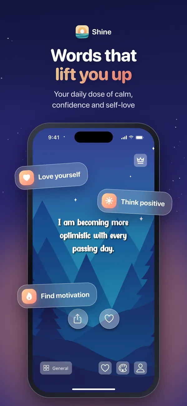 Shine showing a daily affirmation over a night-sky theme