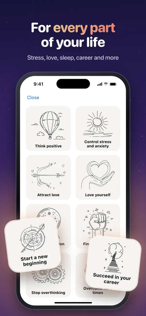 Affirmation categories such as Think positive, Attract love and Love yourself