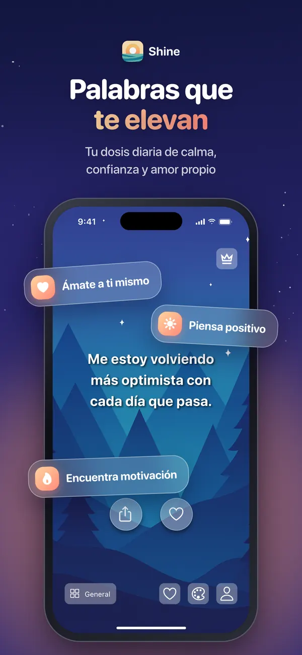 Shine mostrando una afirmación diaria sobre un tema de cielo nocturno
