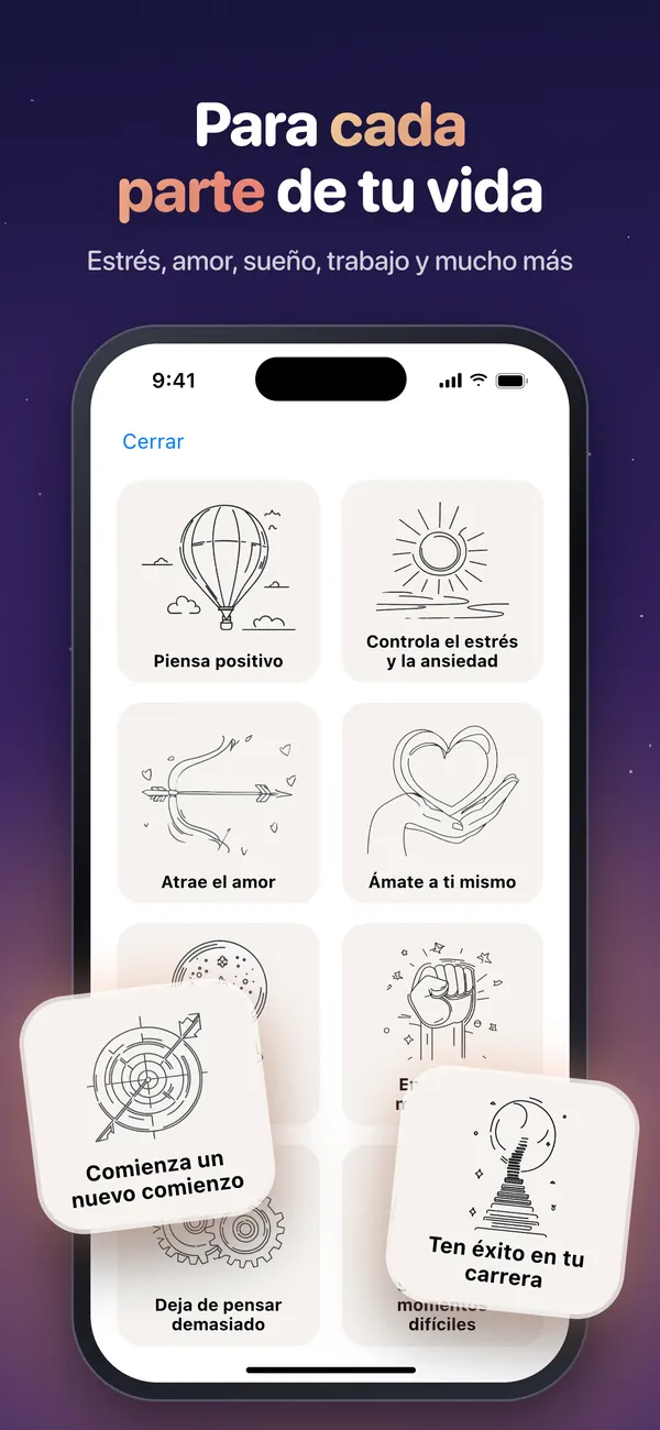 Categorías de afirmaciones como Piensa positivo, Atrae el amor y Ámate a ti mismo