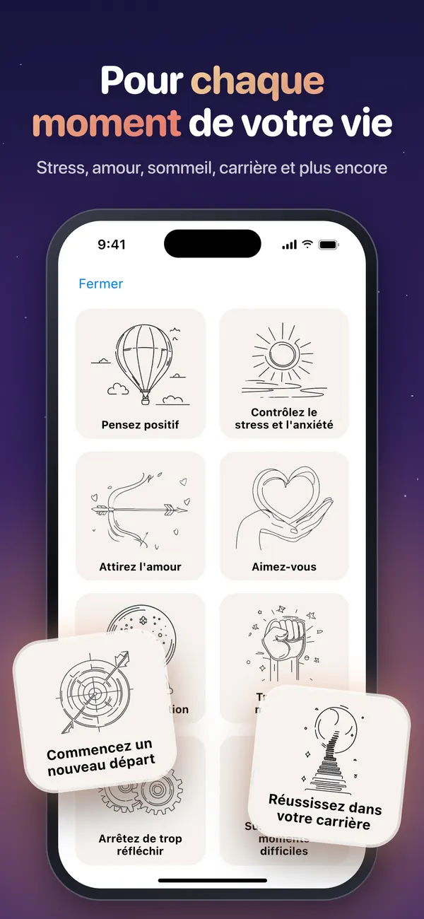 Catégories d’affirmations comme « Pensez positif », « Attirez l’amour » et « Aimez-vous »