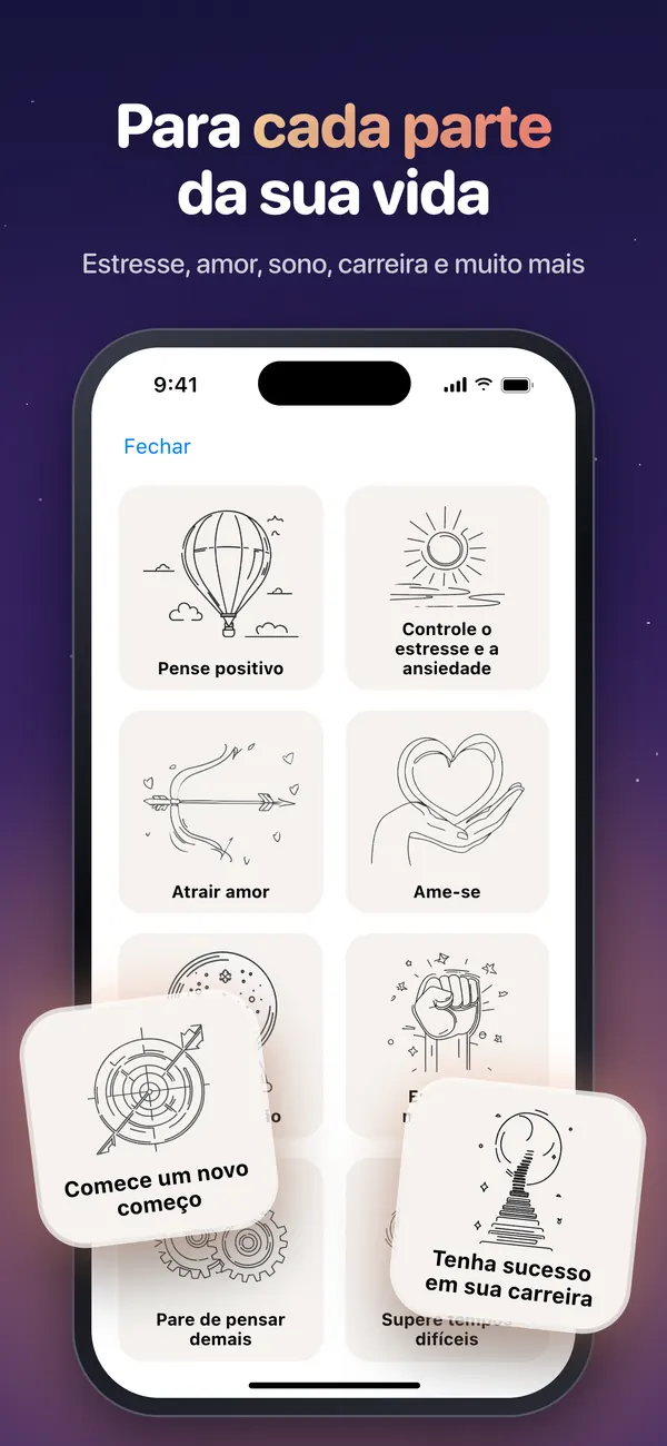 Categorias de afirmações como Pense positivo, Atrair amor e Ame-se