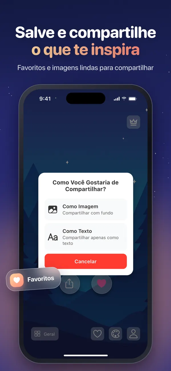 Opções para compartilhar uma afirmação do Shine como imagem ou como texto