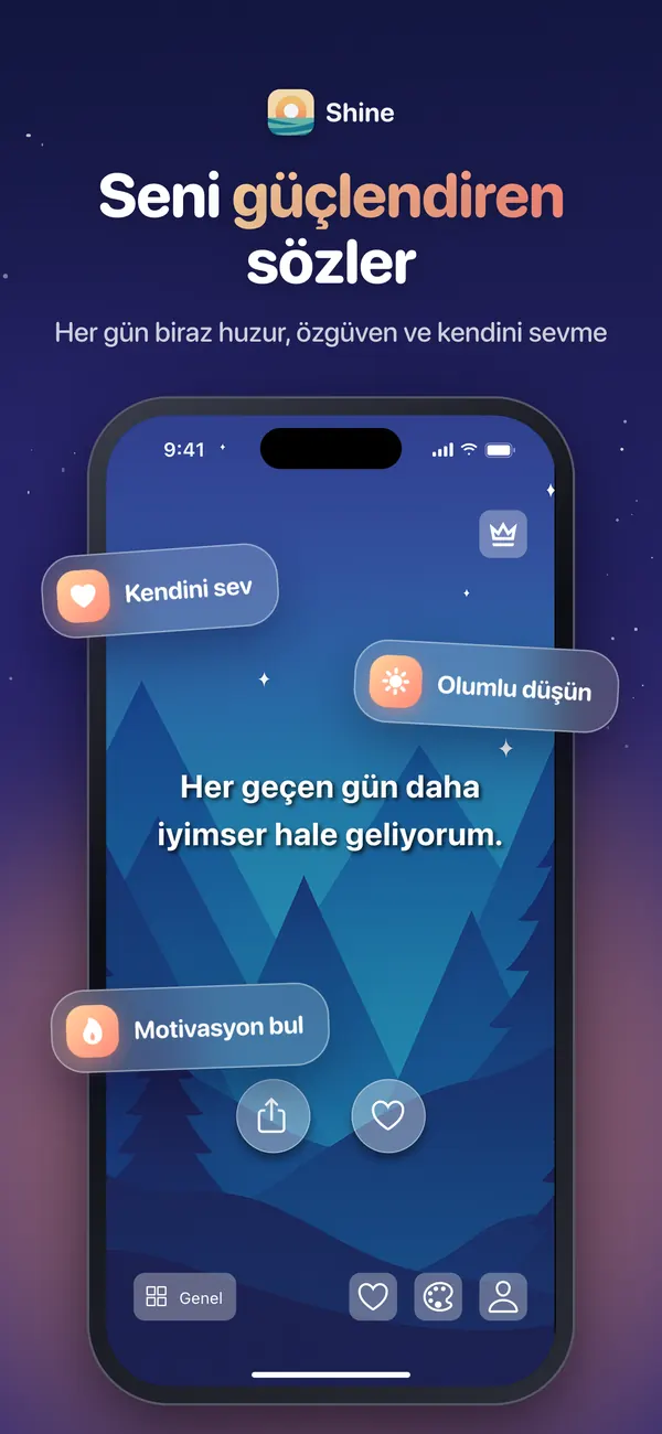 Gece gökyüzü temasında günün olumlamasını gösteren Shine